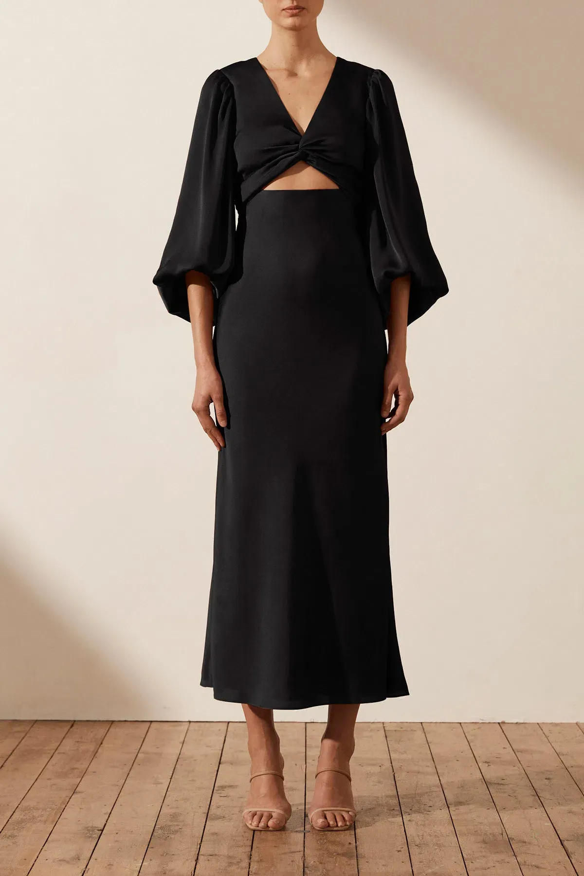 Shona Joy Luxe Twist Front Balloon Sleeve Midi Dress in Onyx Size 12 / L for rent on The Volte - main image