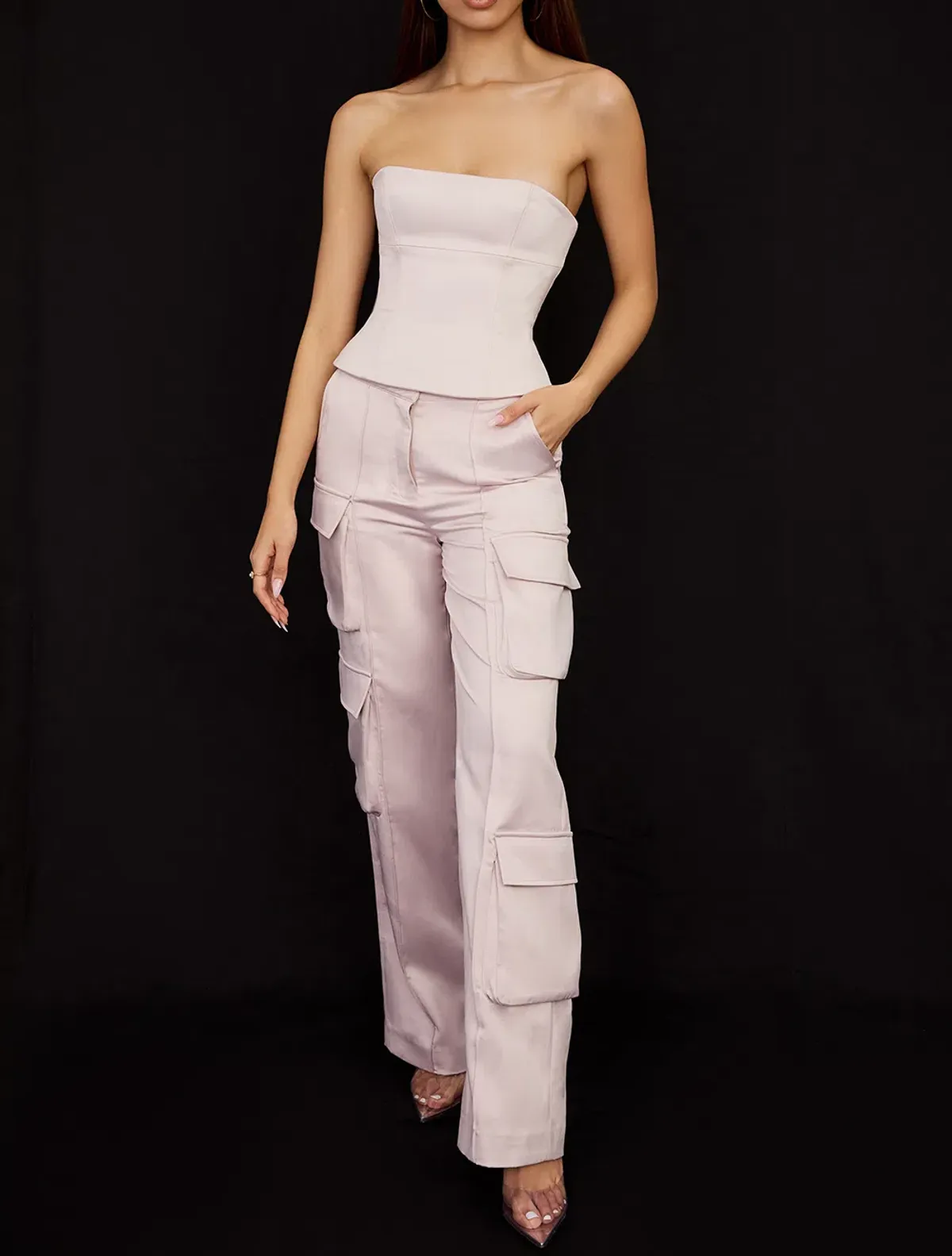 House of CB Angelica Strapless Corset and Daria Cargo Trousers Set Crystal Size 8 for rent on The Volte - main image