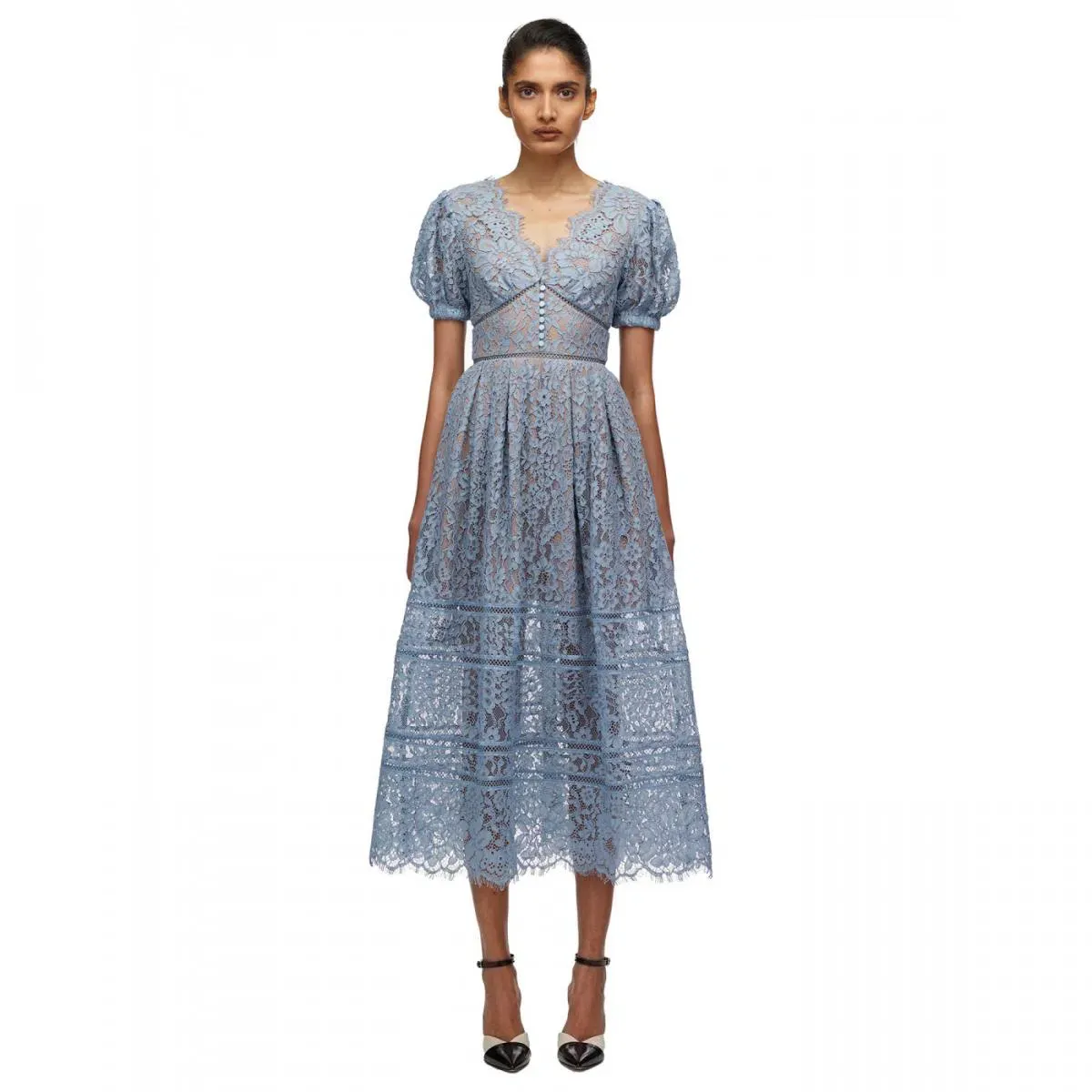 Self Portrait Fine Cord Lace Midi Dress Blue Size 10  for rent on The Volte - main image