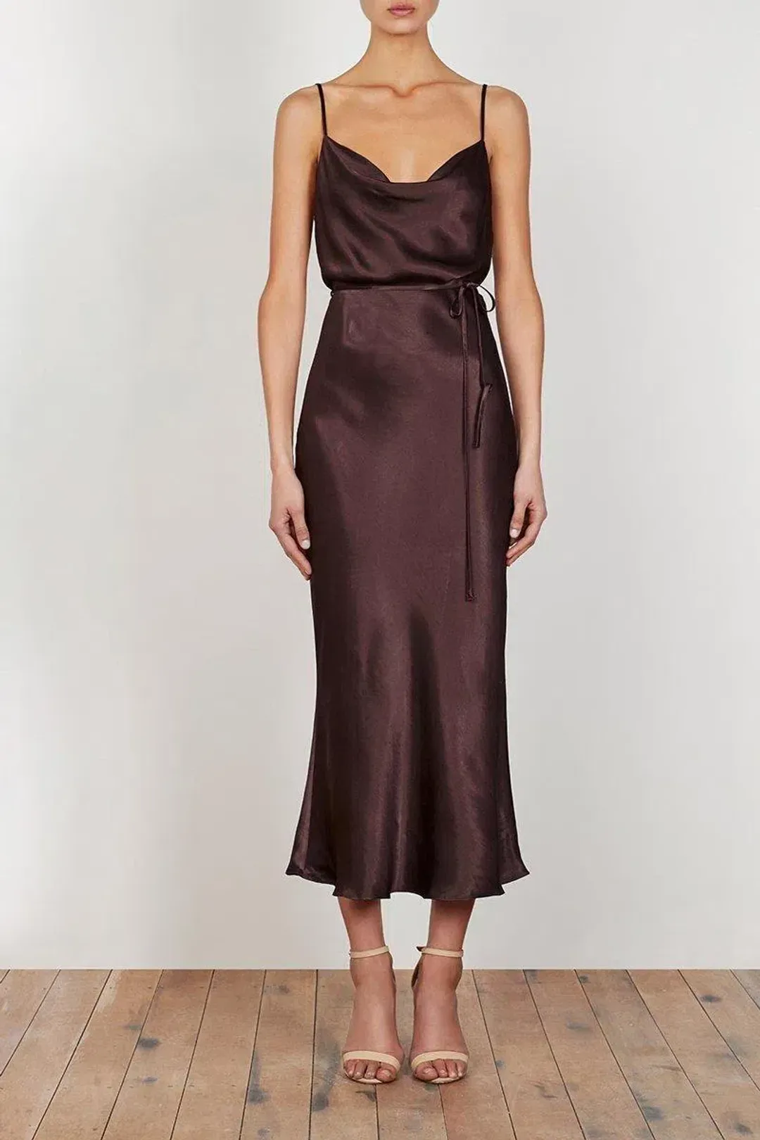 Shona Joy Bias Cowl Midi Dress Chocolate Size 10  for rent on The Volte - main image