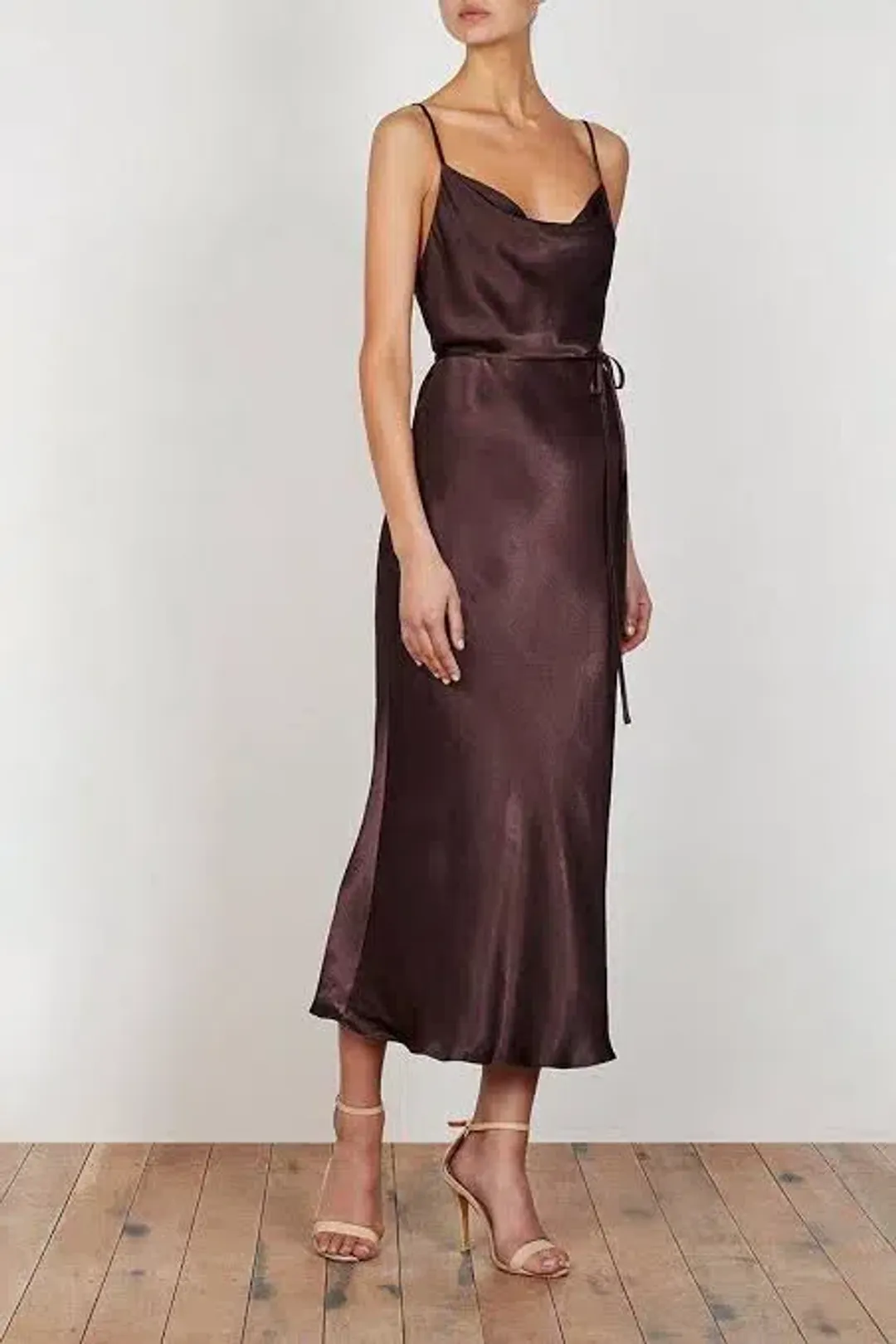 Shona Joy Bias Cowl Midi Dress Chocolate Size 10  for rent on The Volte - main image