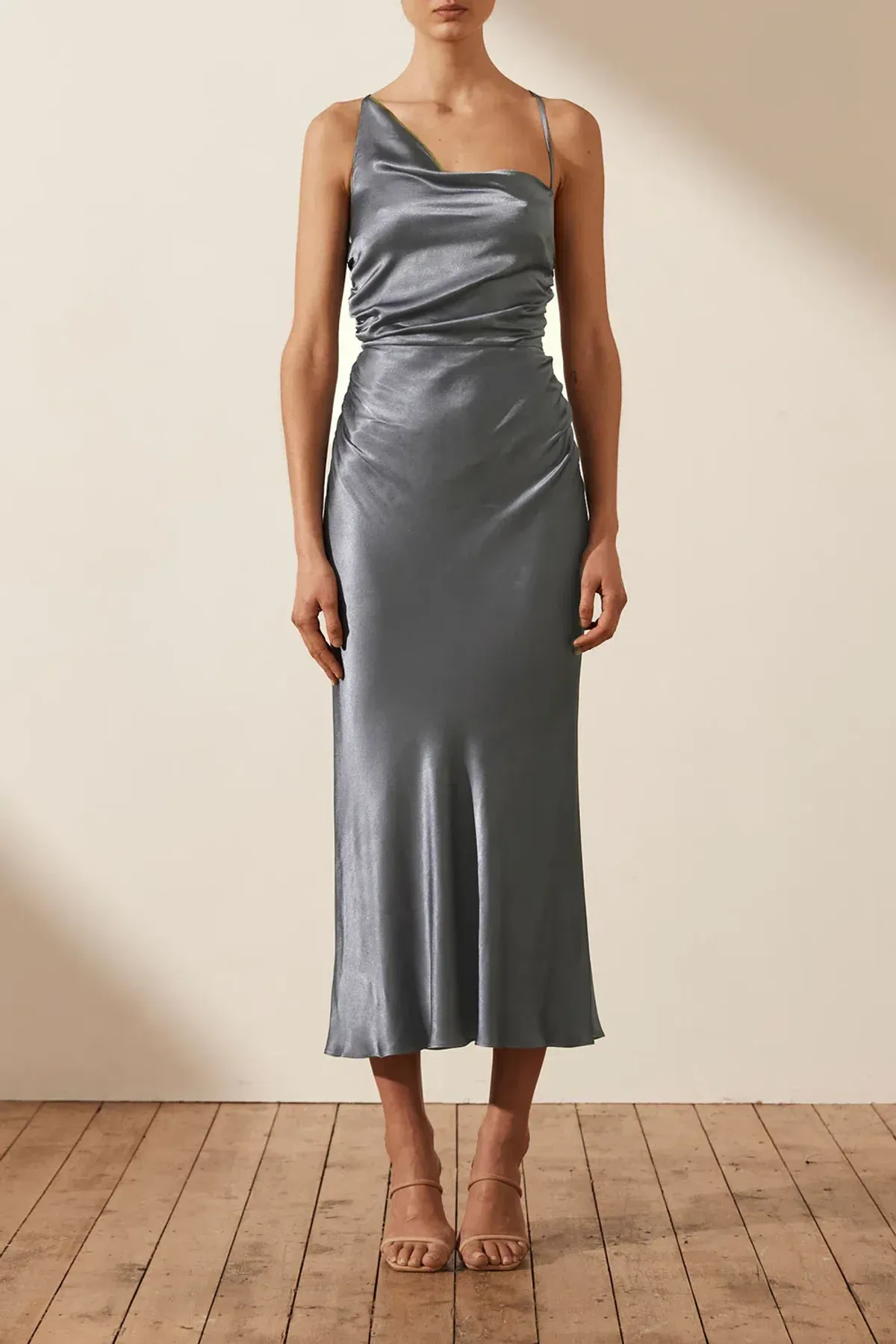 Shona Joy La Lune Asymmetrical Bias Cowl Midi Dress Blue Smoke Sie 8  for rent on The Volte - main image