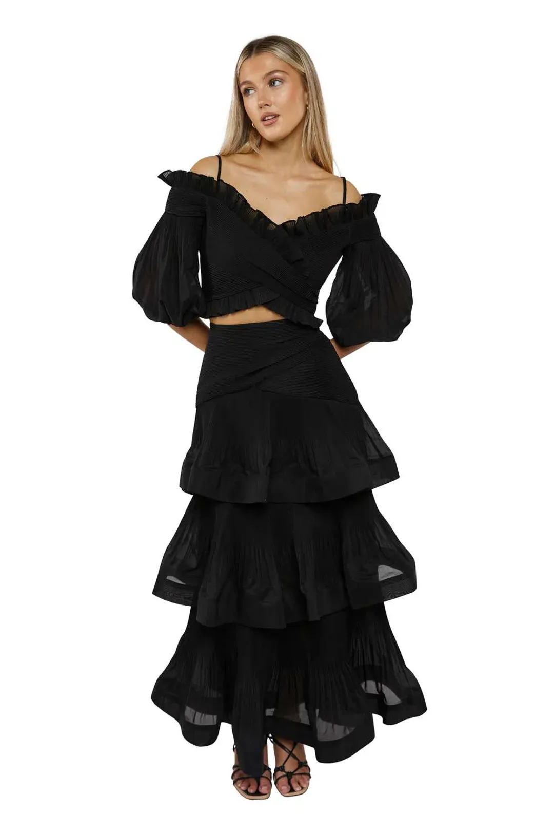 Zimmermann Pleated Off Shoulder Top and Pleated Ruffle Tier Skirt Set Black Size 2/ 12 for rent on The Volte - main image