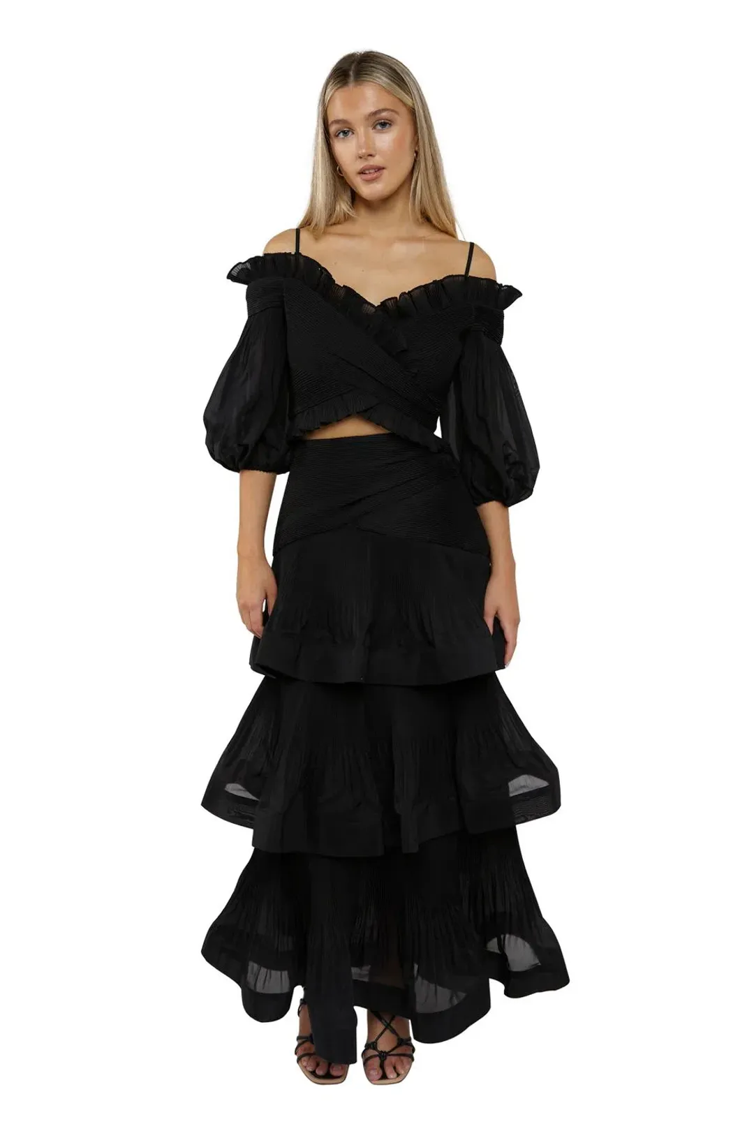 Zimmermann Pleated Off Shoulder Top and Pleated Ruffle Tier Skirt Set Black Size 2/ 12 for rent on The Volte - main image
