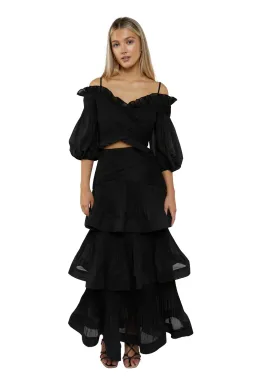 Zimmermann Pleated Off Shoulder Top and Pleated Ruffle Tier Skirt Set Black Size 2/ 12 for rent on The Volte - image 1