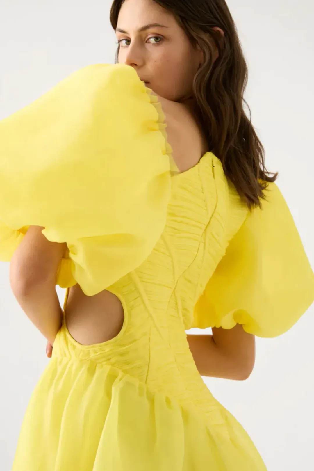 Aje Dawn Ruched Mini Dress Yellow Size 6 / XS for rent on The Volte - main image