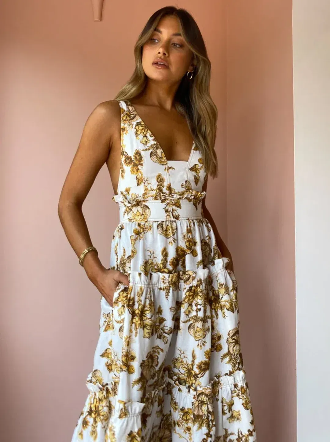 Shona Joy Bella Plunged Tiered Midi Dress Print Size 10  for rent on The Volte - main image