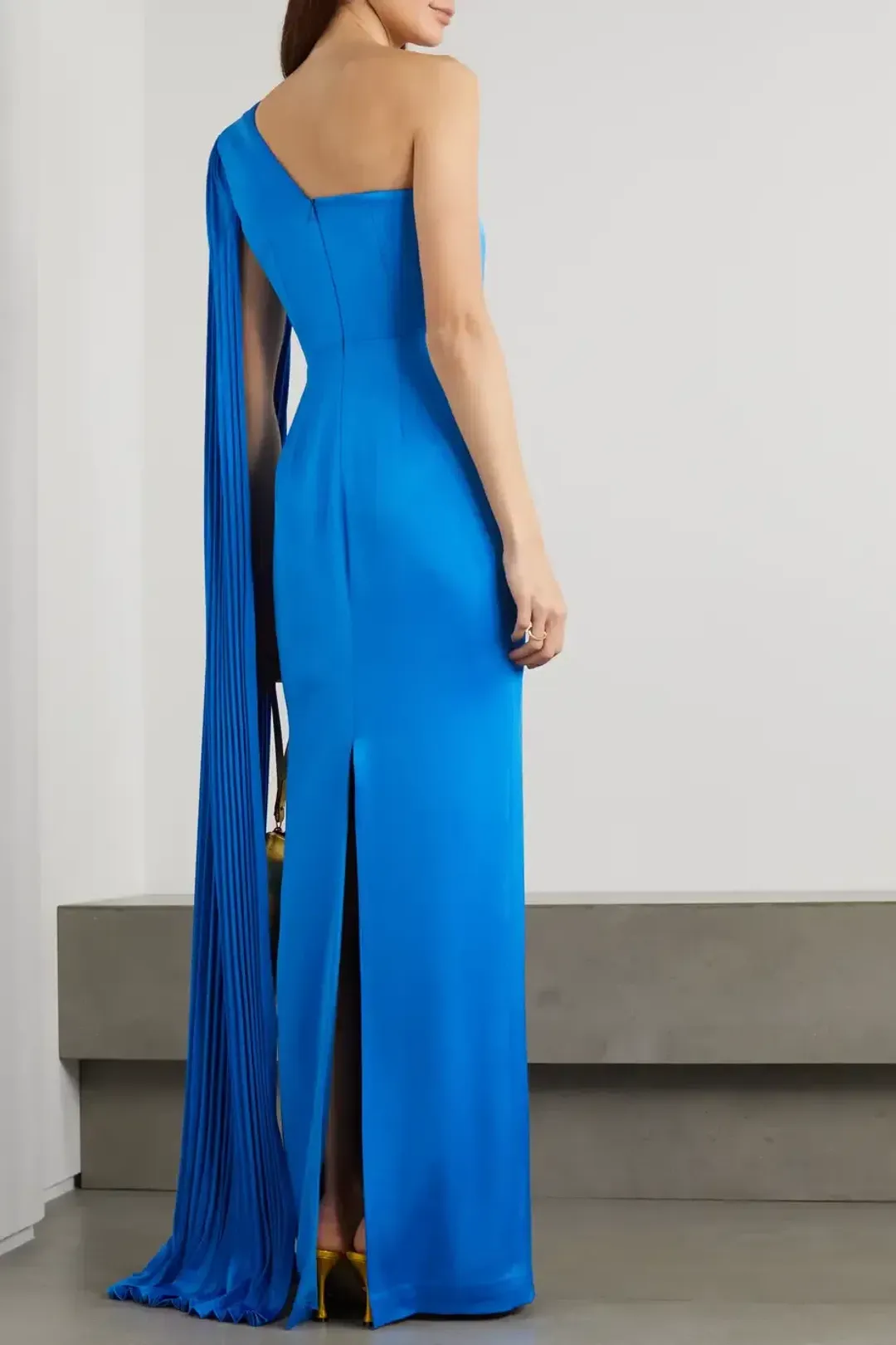 Alex Perry Marnel One Shoulder Cape Effect Pleated Satin Crepe Maxi Dress Blue Size 8 for rent on The Volte - main image