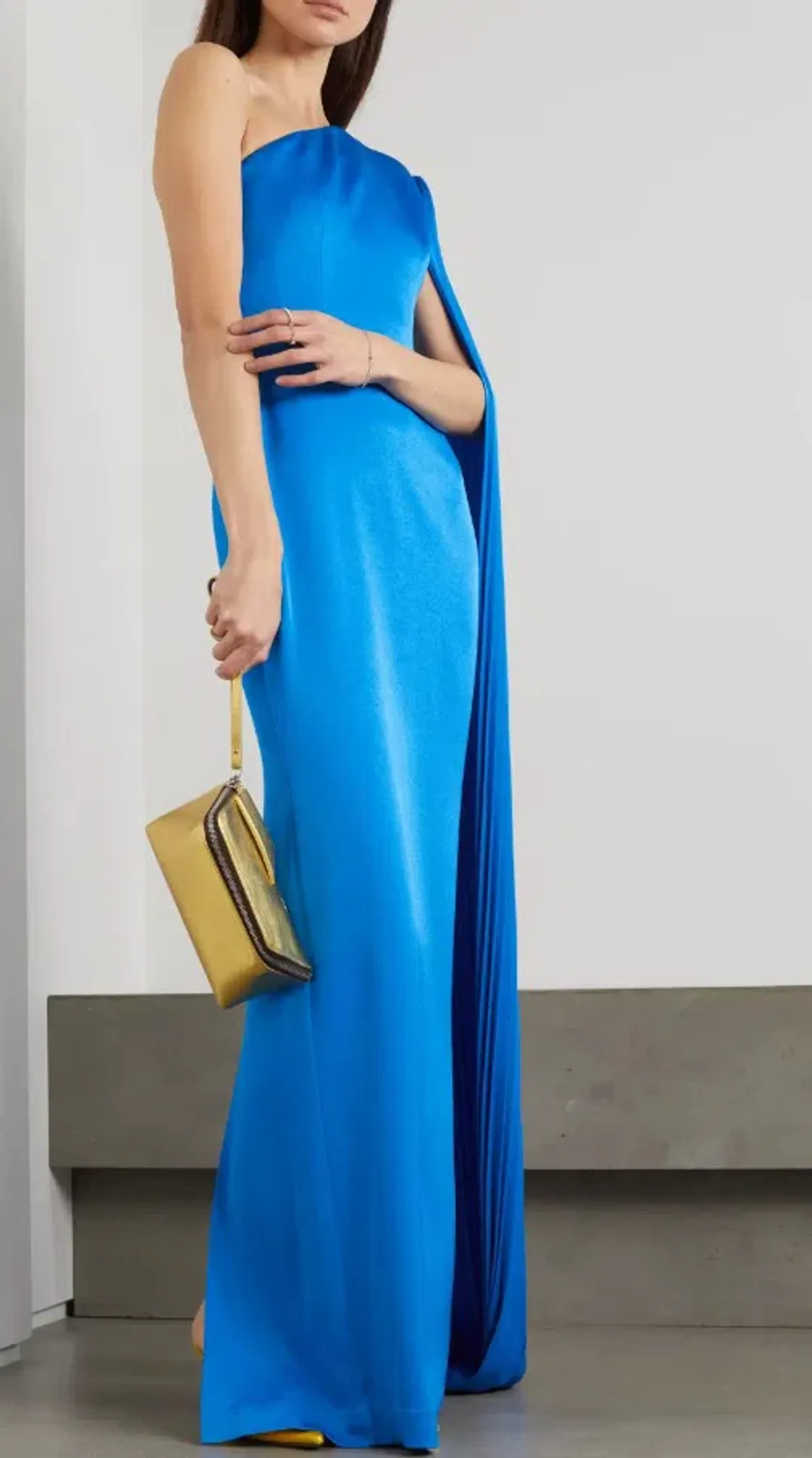 Alex Perry Marnel One Shoulder Cape Effect Pleated Satin Crepe Maxi Dress Blue Size 8 for rent on The Volte - main image