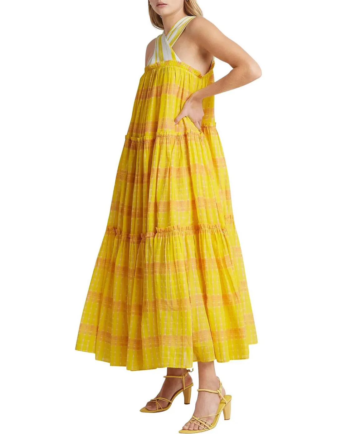 Aje Wilderness Tiered Dress Yellow Check Size 6 for rent on The Volte - main image