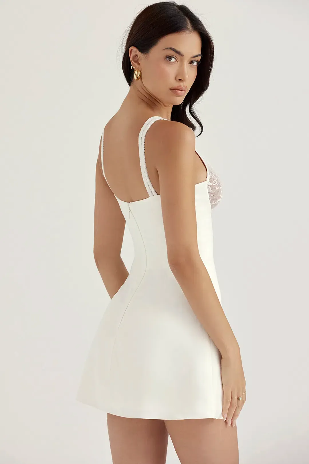 House Of CB Cassandra Satin And Lace Mini Dress Ivory Size 10 for rent on The Volte - main image