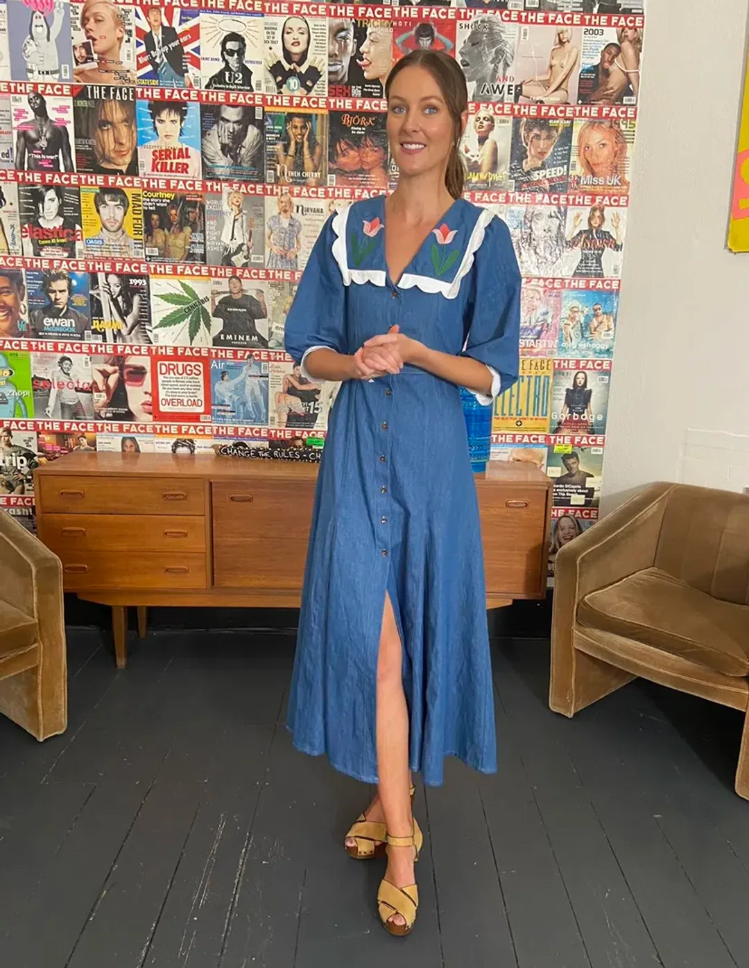 Rixo Ellen Denim Tulip-embroidered Dress Blue Size 6  for rent on The Volte - main image