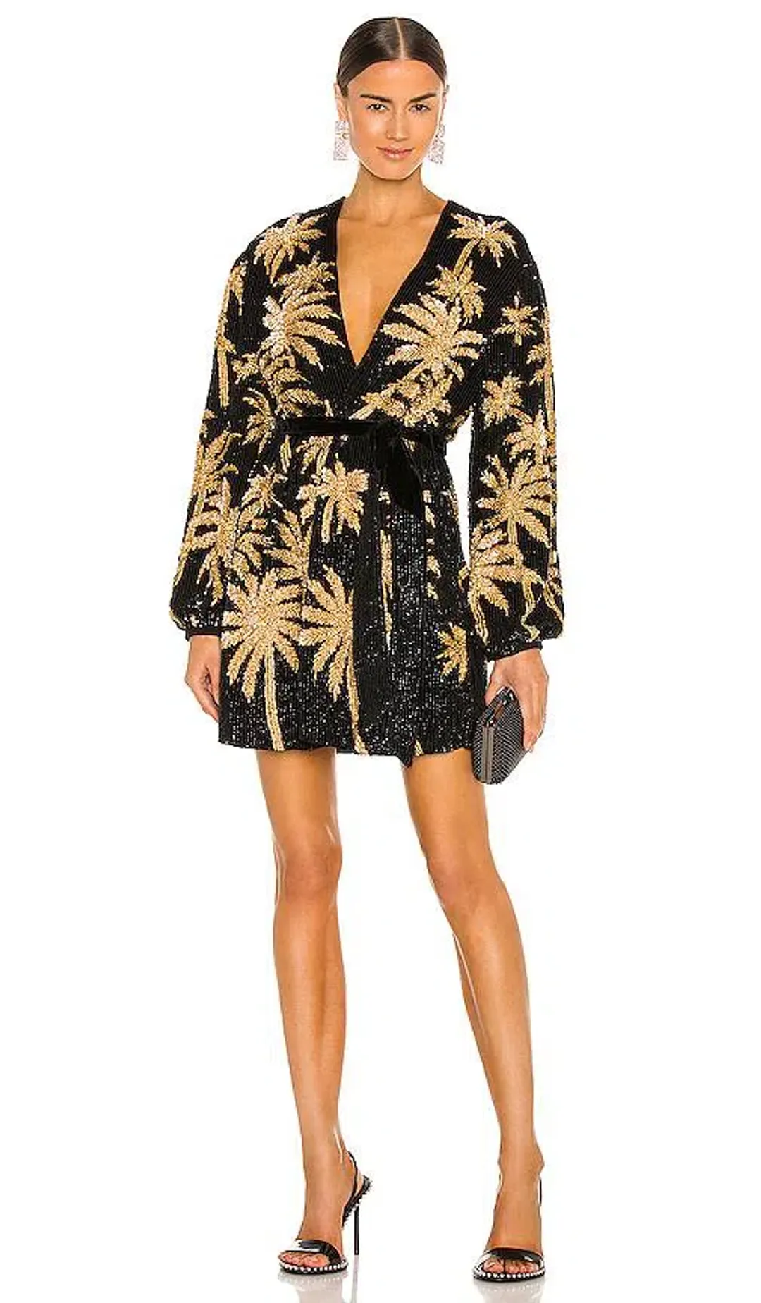 Retrofete Gabrielle Robe Dress in Blac/Gold Palm Size 6 for rent on The Volte - main image