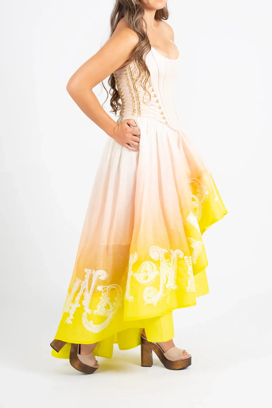 Zimmermann Wonderland Lace Up Midi Dress Sunset Ombre Size 0 / AU 8 for rent on The Volte - main image