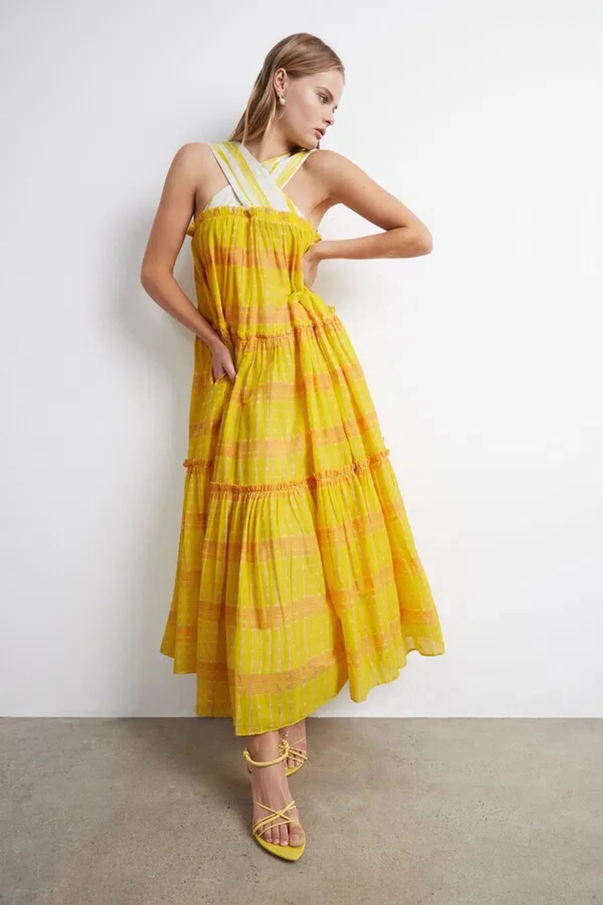 Aje Wilderness Tiered Maxi Dress Yellow Size AU 6 / US 2 for rent on The Volte - main image