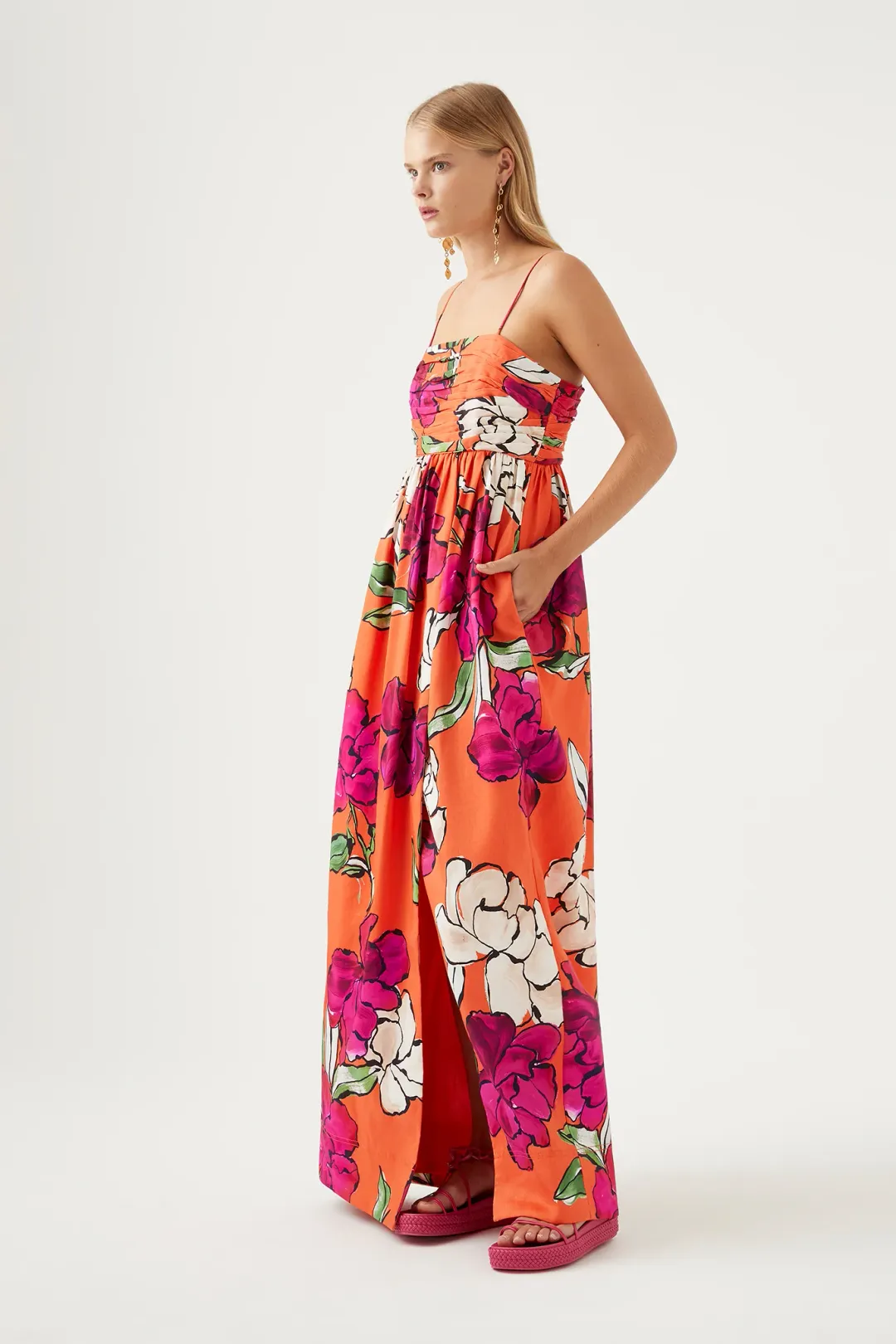 Aje Monument Tulip Vivid Camellia Maxi Dress Orange Floral Linen Size AU 6 for rent on The Volte - main image