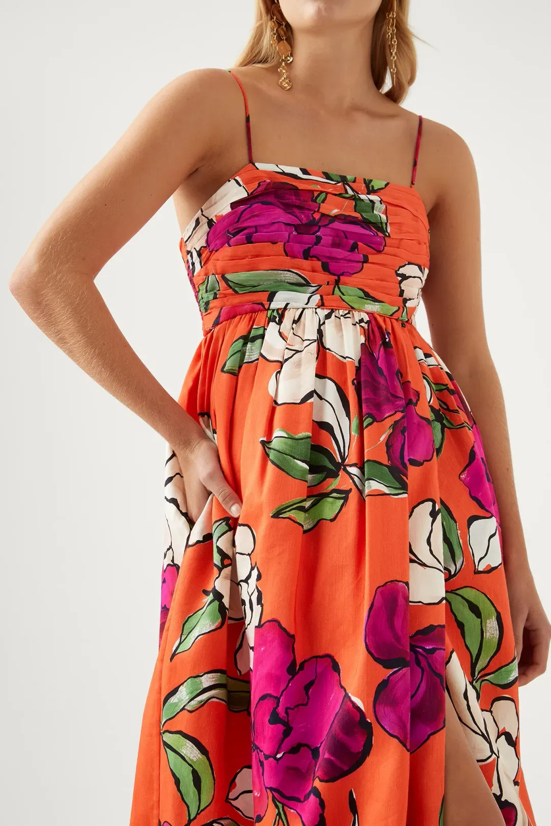 Aje Monument Tulip Vivid Camellia Maxi Dress Orange Floral Linen Size AU 6 for rent on The Volte - main image