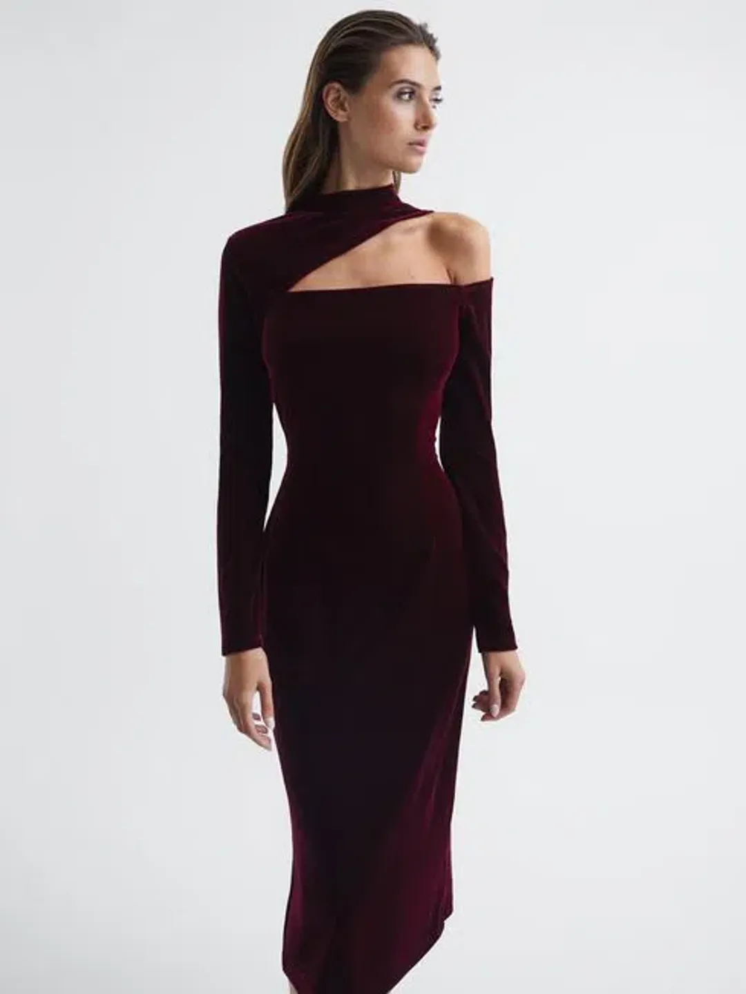 Reiss Tatiana Velvet Cut-out Shoulder Dress Black Size AU 6 for rent on The Volte - main image