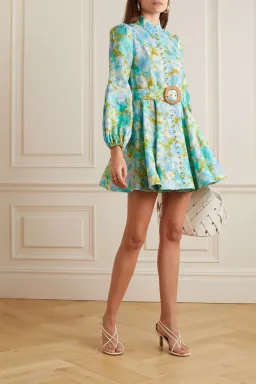 Zimmermann High Tide Buttoned Mini Dress Aqua Ikat Floral Size 1 / Au 10 for rent on The Volte - image 2