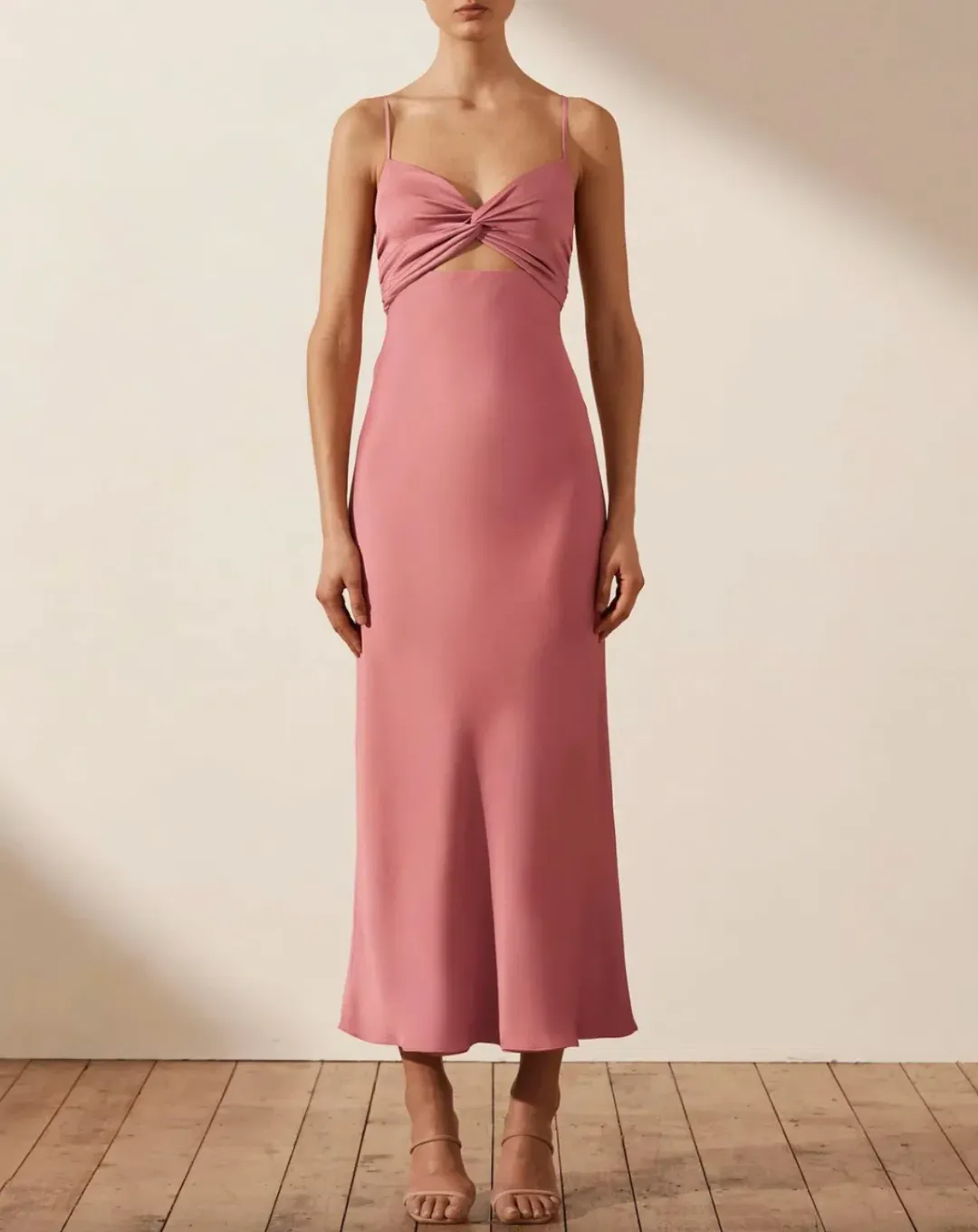 Shona Joy Luxe Twist Front Sleeveless Midi Dress Pink Size 10 for rent on The Volte - main image