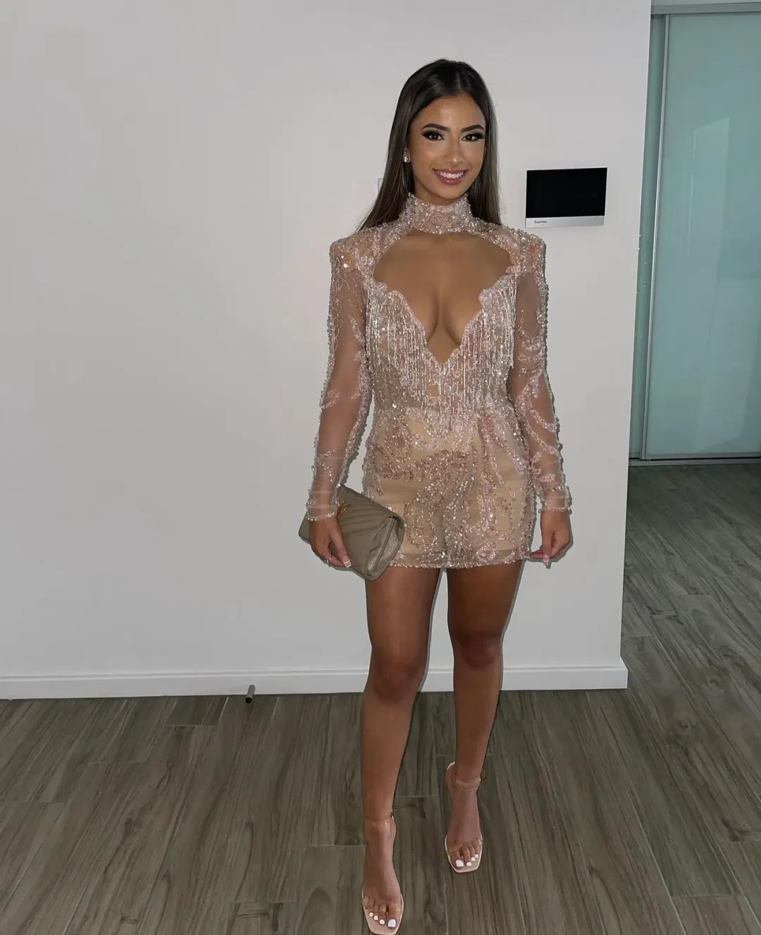 Albina Dyla Gold Couture Rose Gold Beaded Mini Dress Size AU 8 for rent on The Volte - main image