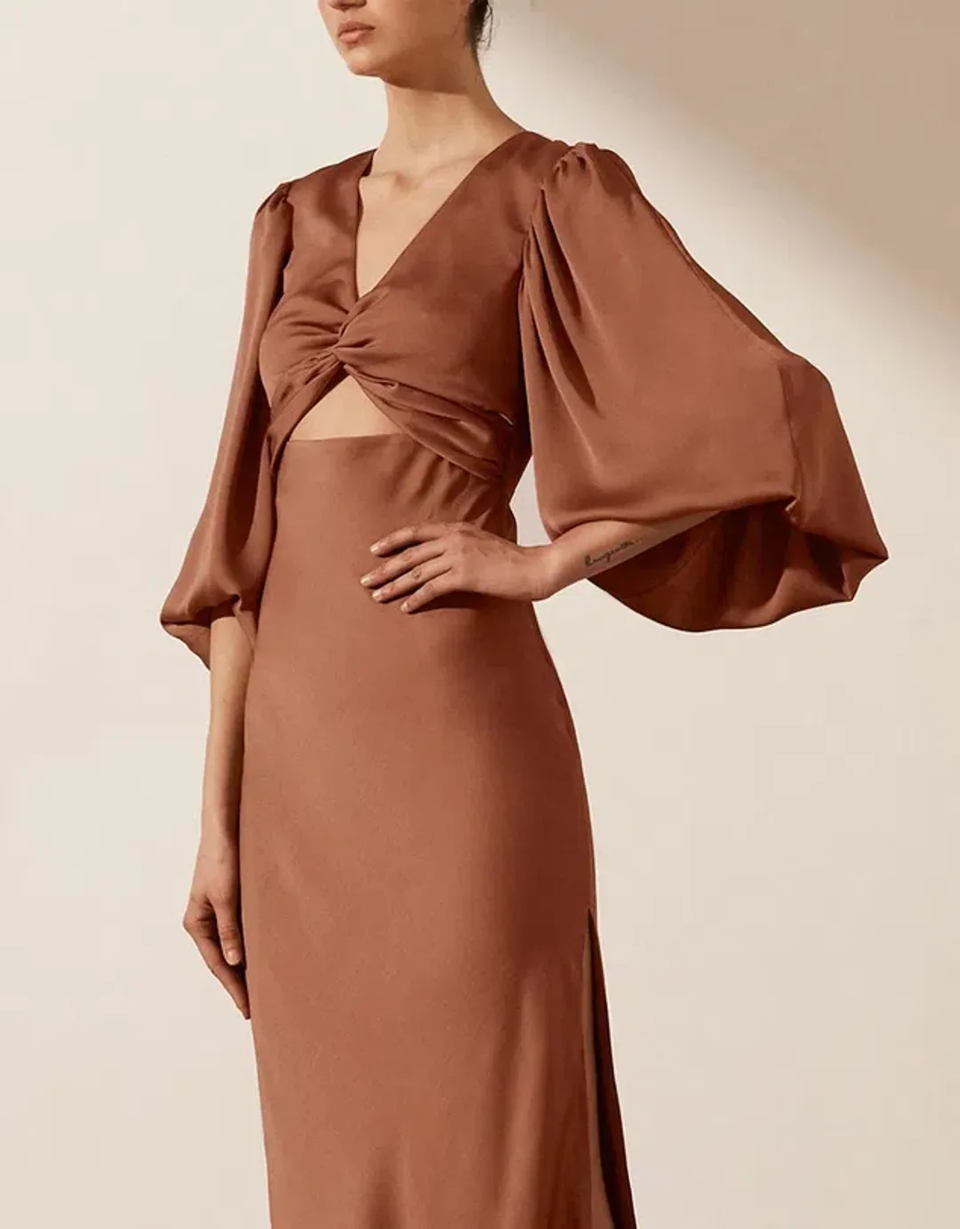 Shona Joy Luxe Twist Front Balloon Sleeve Midi Dress Mocha Size 10 for rent on The Volte - main image