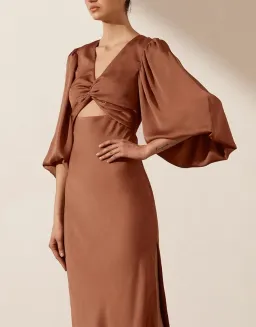 Shona Joy Luxe Twist Front Balloon Sleeve Midi Dress Mocha Size 10 for rent on The Volte - image 3