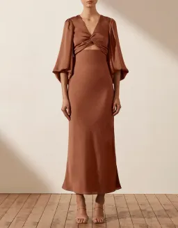 Shona Joy Luxe Twist Front Balloon Sleeve Midi Dress Mocha Size 10 for rent on The Volte - image 1