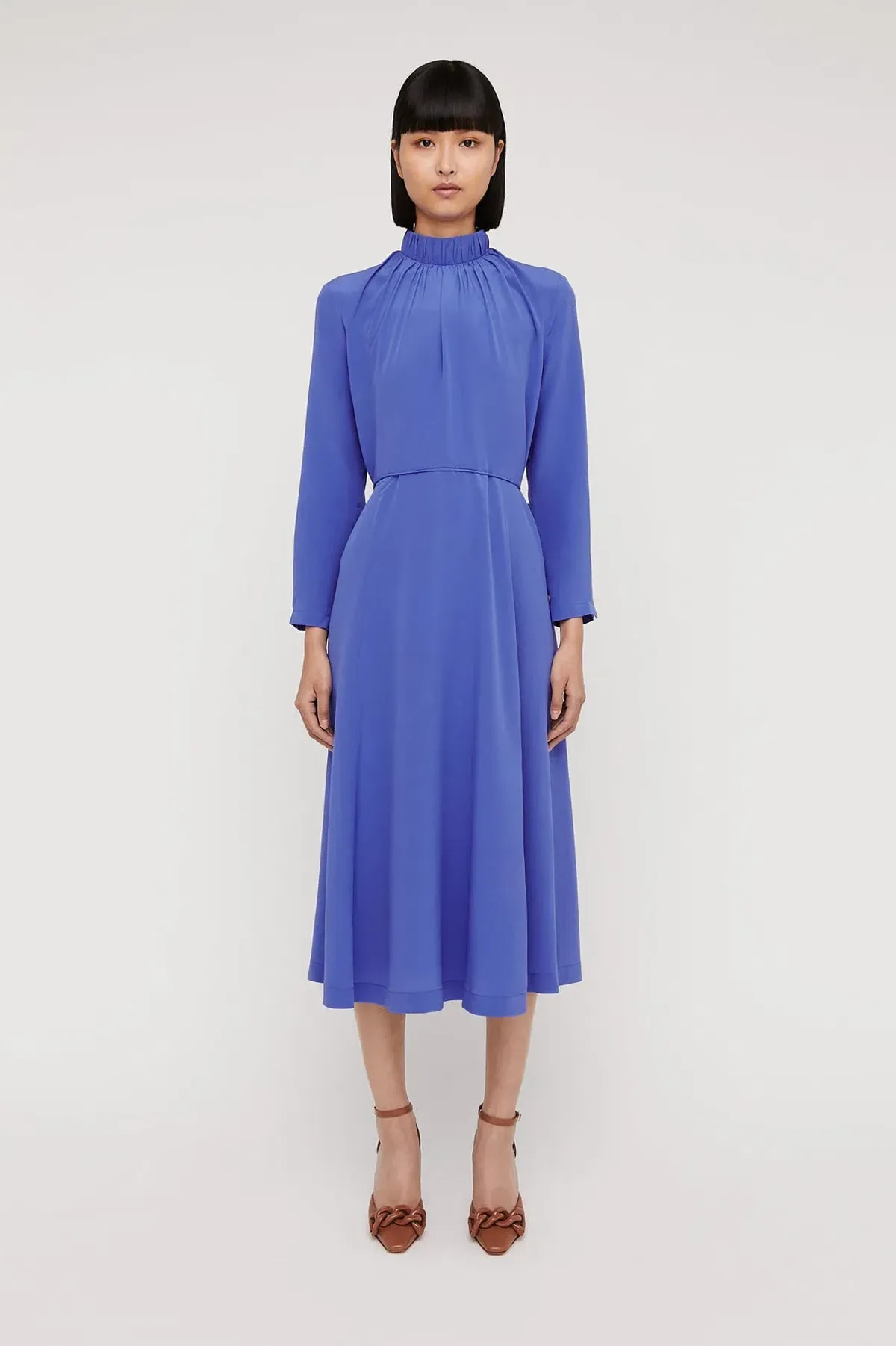 Scanlan Theodore Silk Gather Neck Dress Blue Size 8 for rent on The Volte - main image