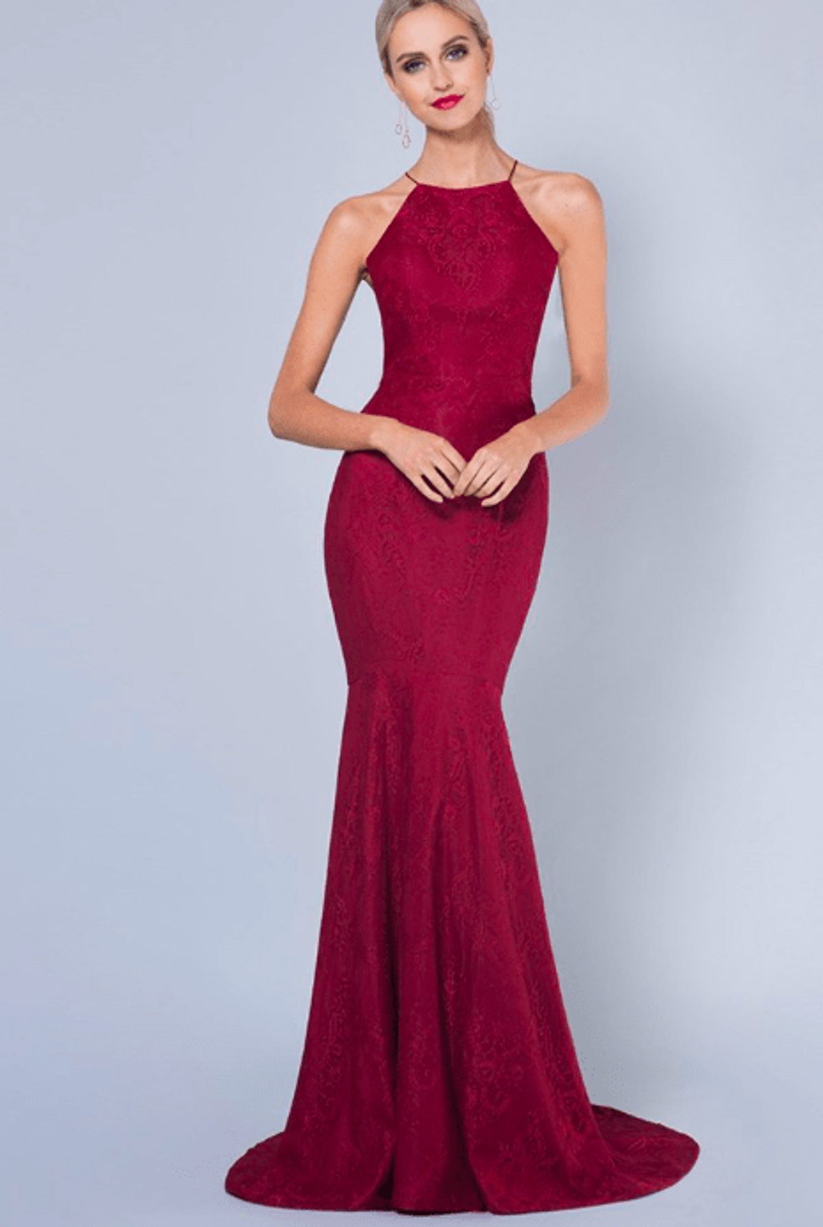 silver fishtail chantilly lace gown deep red for rent on The Volte - main image
