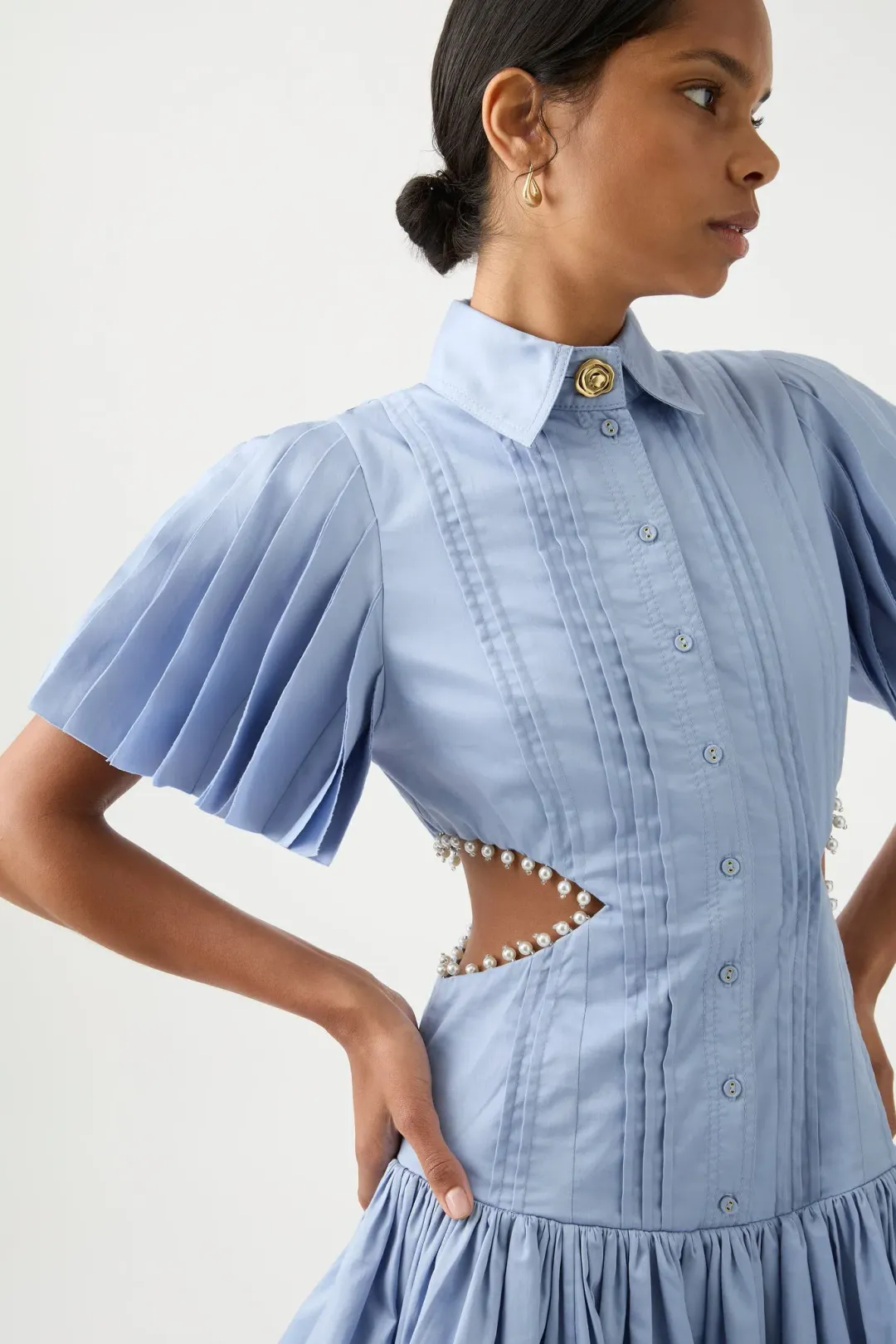 Aje Mythos Pearl Waist Mini Dress Steel Blue Size 8 for rent on The Volte - main image