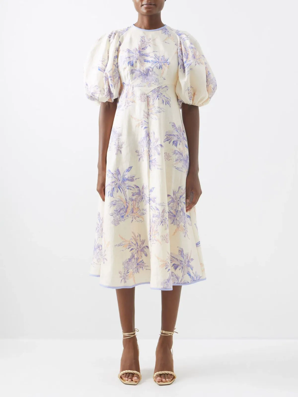 Zimmermann Puff-Sleeve Linen Midi Dress Print Size 3/AU 14 for rent on The Volte - main image
