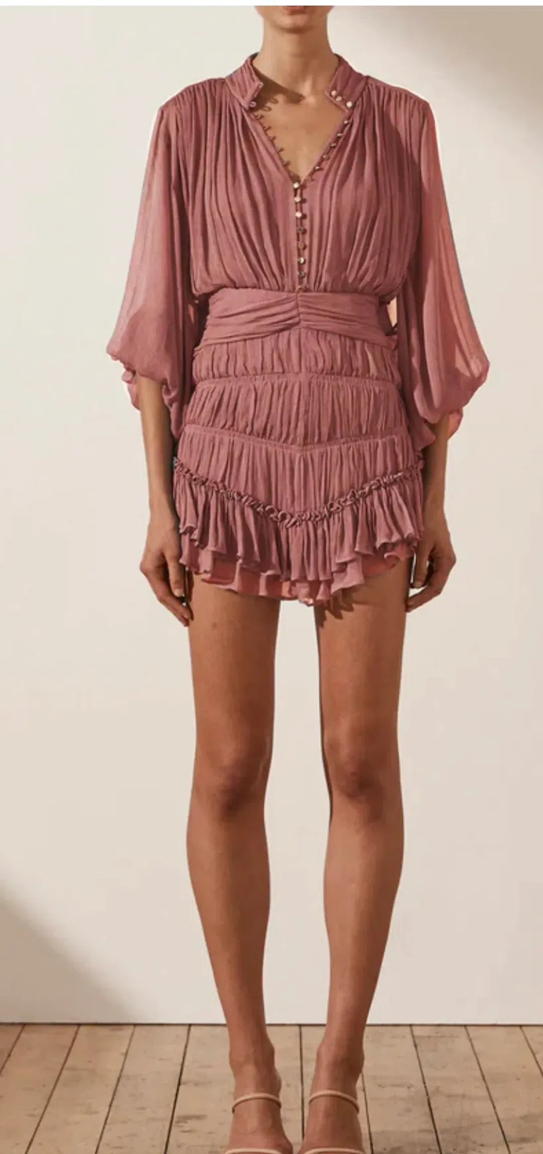 Shona Joy Kayla Button Up Ruched Mini Dress Pink Size 8 for rent on The Volte - main image