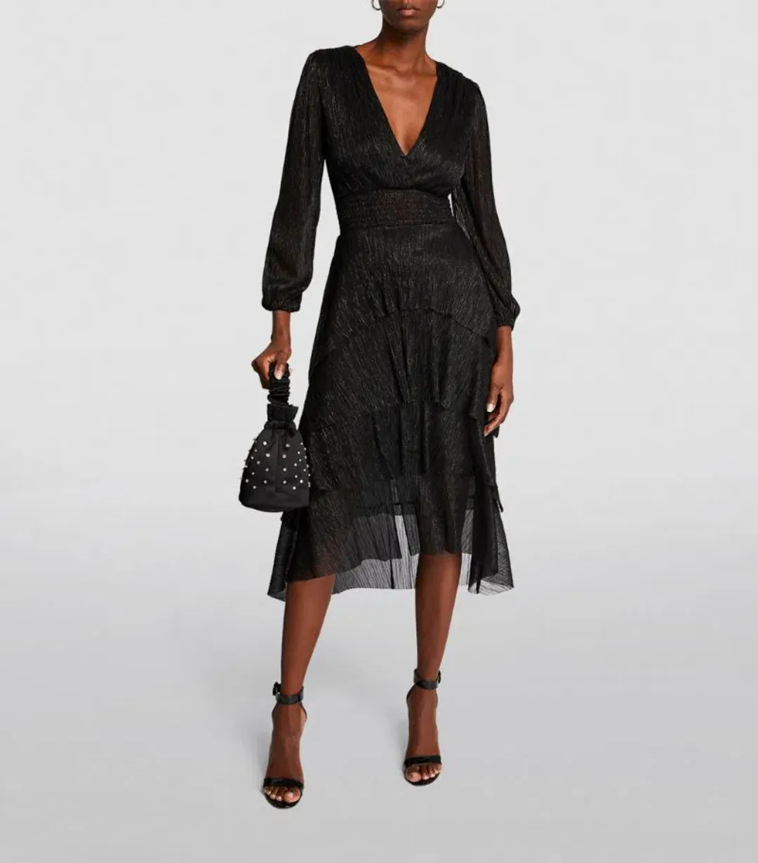 Maje Tiered Plisse Midi Dress Black Size 14 for rent on The Volte - main image