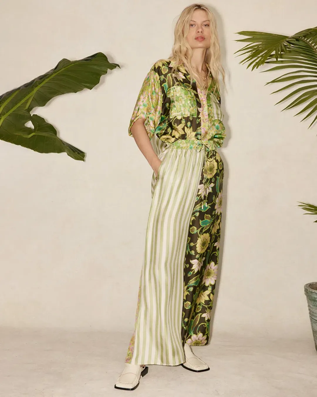 Alemais Winnie Patchwork Spliced Silk Shirt and Pant Set Green Floral Size AU 10 for rent on The Volte - main image
