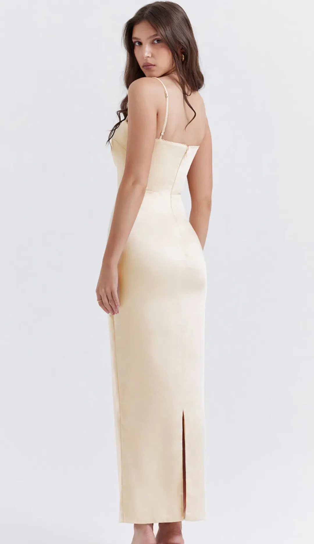 House of CB Constanza Vintage Satin Maxi Dress in Cream Yellow Size Small / AU 8 for rent on The Volte - main image