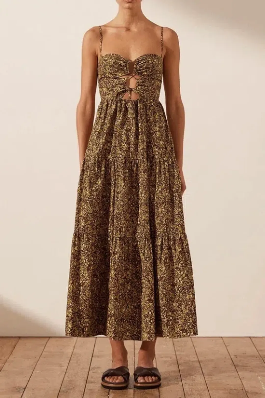 Shona Joy Lilou Lace Up Backless Midi Dress Mimosa Size AU 14 for rent on The Volte - main image