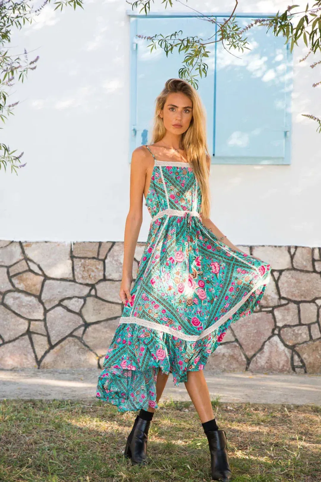 Spell Turquoise Babushka Midi Dress Size S/AU 8 for rent on The Volte - main image