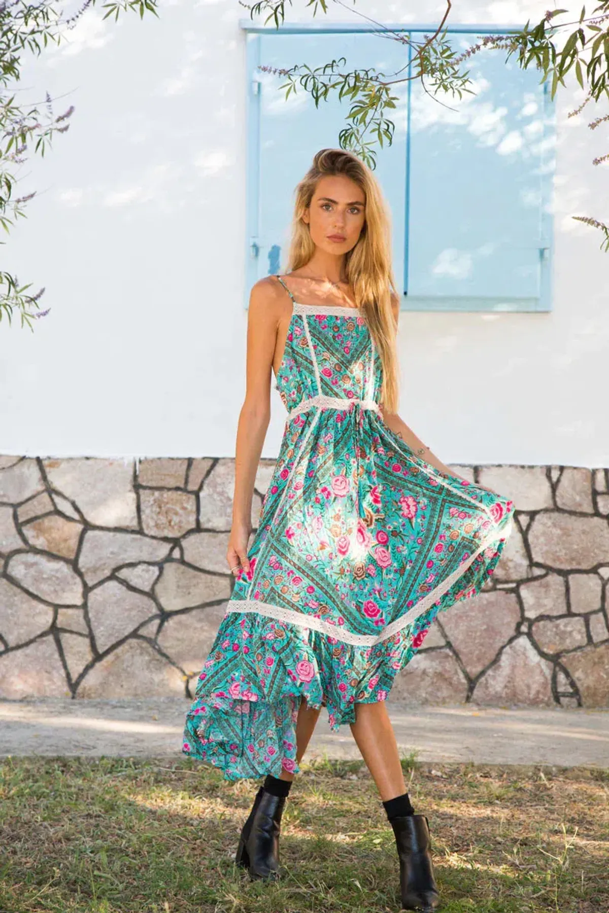 Spell Turquoise Babushka Midi Dress Size S/AU 8 for rent on The Volte - main image