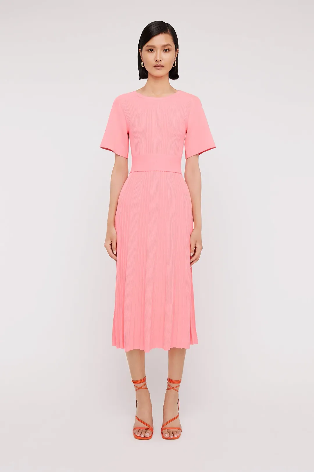 Scanlan Theodore Pleated Ribbed Draped Sleeve Dress in Peach Size S/Au 8  for rent on The Volte - main image