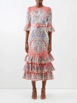 Zimmermann Vitali Paisley-Print Tiered Linen-Voile Dress 0P/AU 6 for rent on The Volte - image 1