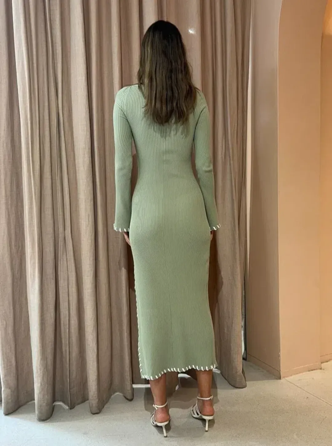 Mon Renn Trace Knit Midi Dress in Sage Size 8  for rent on The Volte - main image