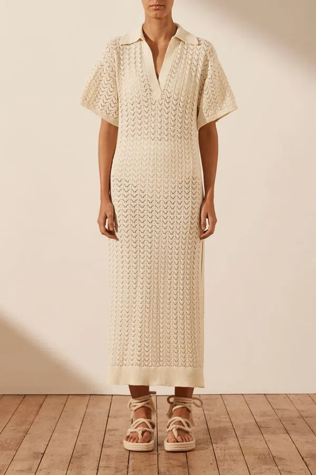 Shona Joy Mikala Crochet Polo Midi Dress Coconut Size M / AU 10  for rent on The Volte - main image