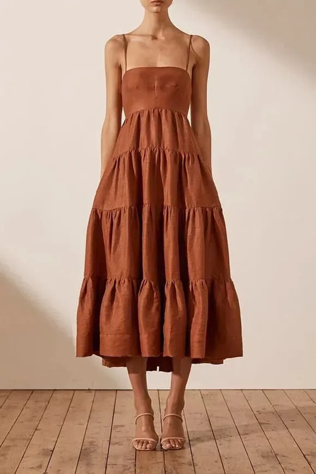 Shona Joy Elsa Tiered Midi Dress Brown Size AU 10 for rent on The Volte - main image