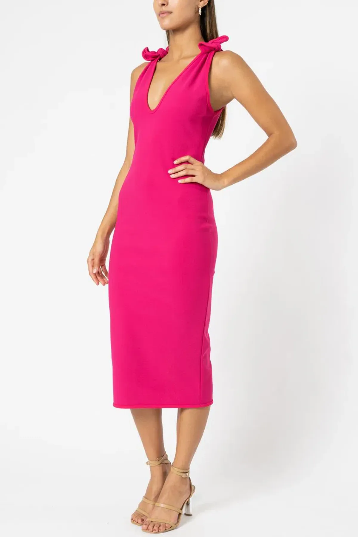 By Johnny V Neck Bow Shoulder Dress Pink Size 6  for rent on The Volte - main image