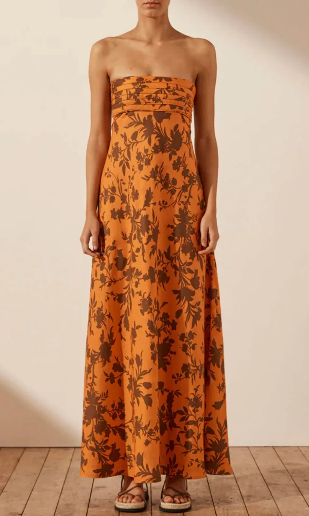 Shona Joy Uli Linen Corded Strapless Maxi Dress Orange Size AU 12 for rent on The Volte - main image
