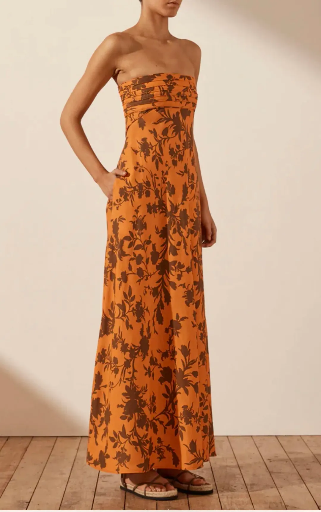 Shona Joy Uli Linen Corded Strapless Maxi Dress Orange Size AU 12 for rent on The Volte - main image