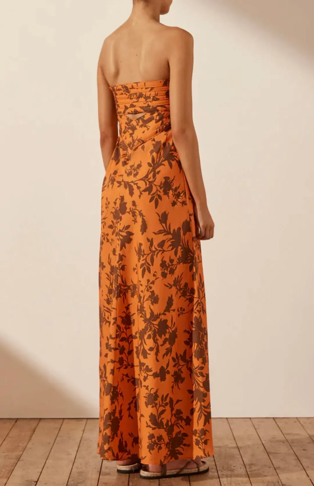 Shona Joy Uli Linen Corded Strapless Maxi Dress Orange Size AU 12 for rent on The Volte - main image