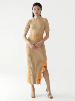 PH5 Jodie Pleated Long Dress With Wavy Side Slit in Brown Size AU 8 for rent on The Volte - image 1