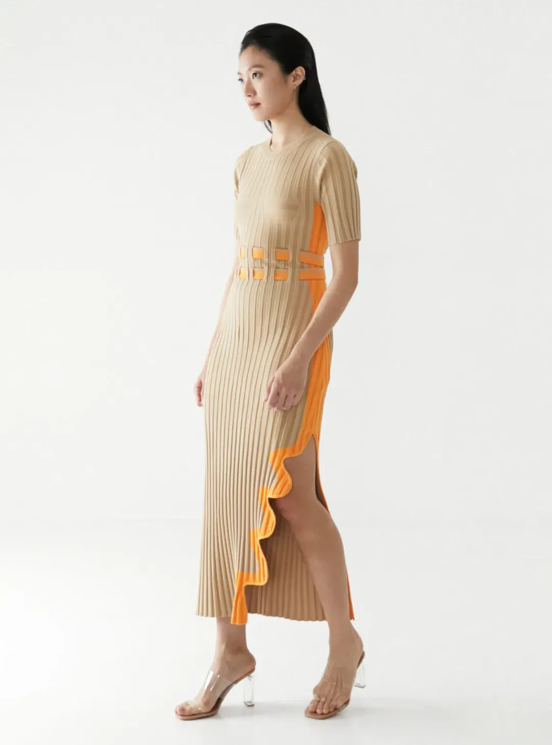 PH5 Jodie Pleated Long Dress With Wavy Side Slit in Brown Size AU 8 for rent on The Volte - main image